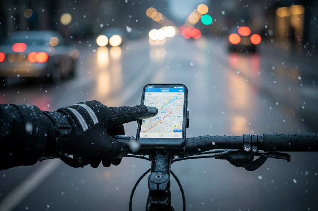 A hyper-realistic close-up shot of a cyclist's gloved hand gripping a bicycle handlebar in a snowy, modern city street at twilight.