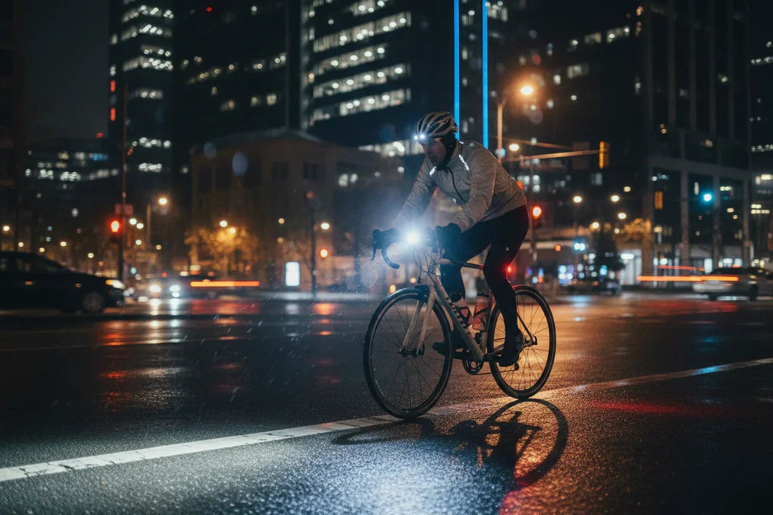 Cyclist with bright front and rear bike lights riding at night in a city street