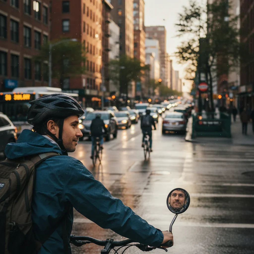 Urban commuter cyclist wearing helmet checks rearview mirror in city traffic at sunset