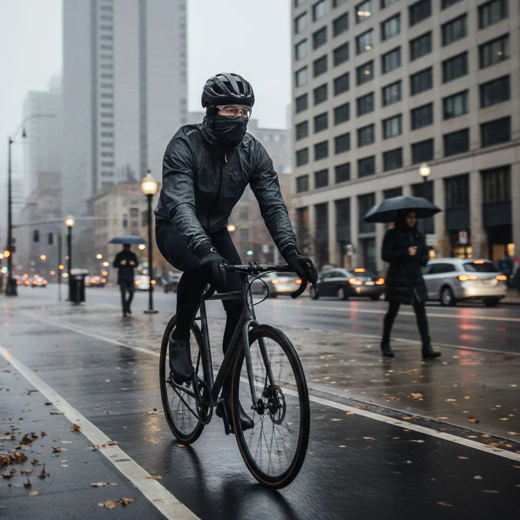 Urban cyclist wearing gloves and face protection riding in cool, windy weather on city street