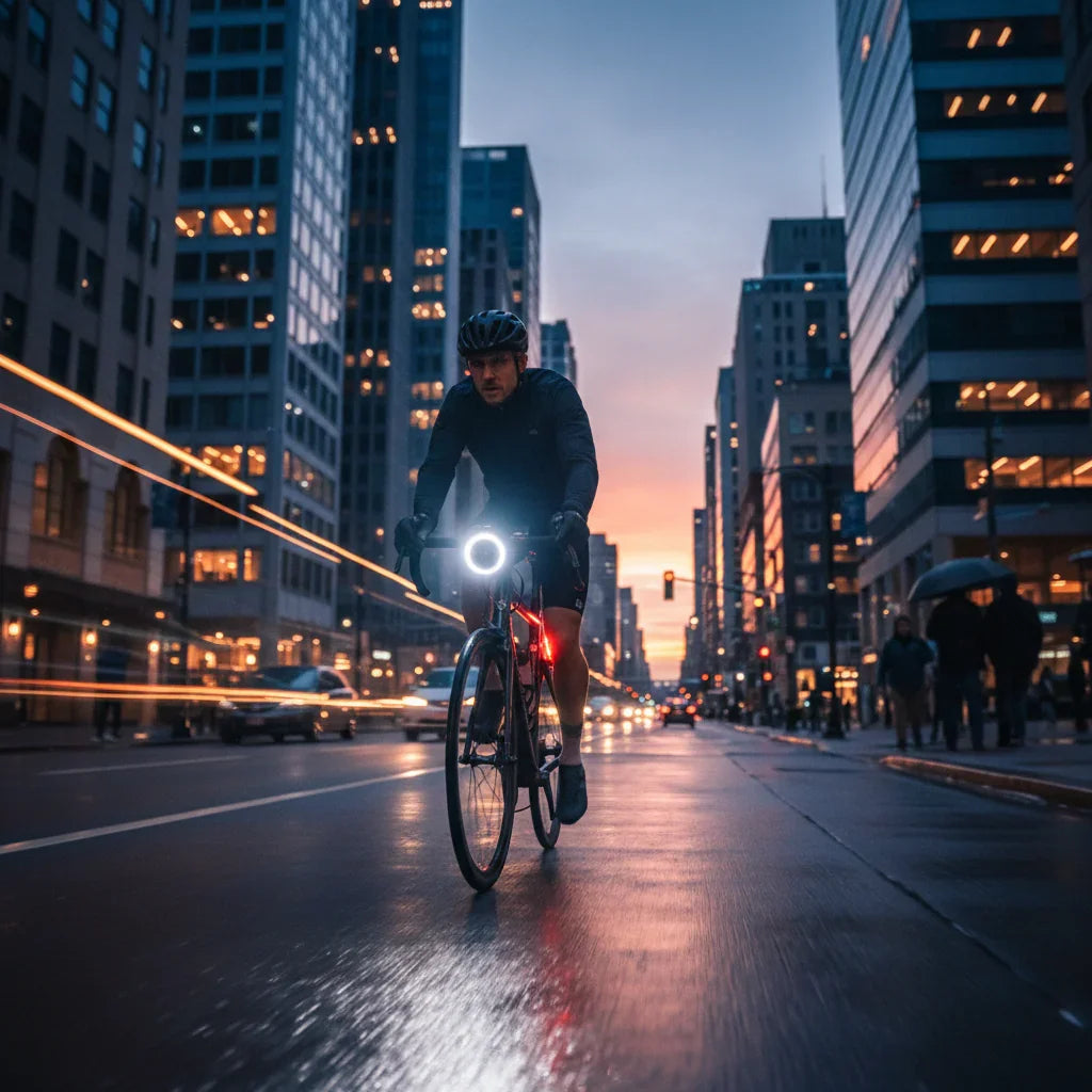 Urban cyclist riding at dusk with bright front and rear lights, city street background