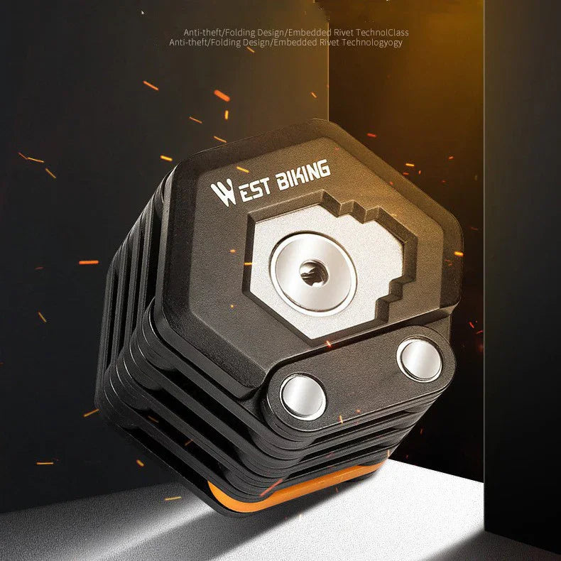 Foldable West Biking urban bike lock, anti-theft compact design, black and silver.