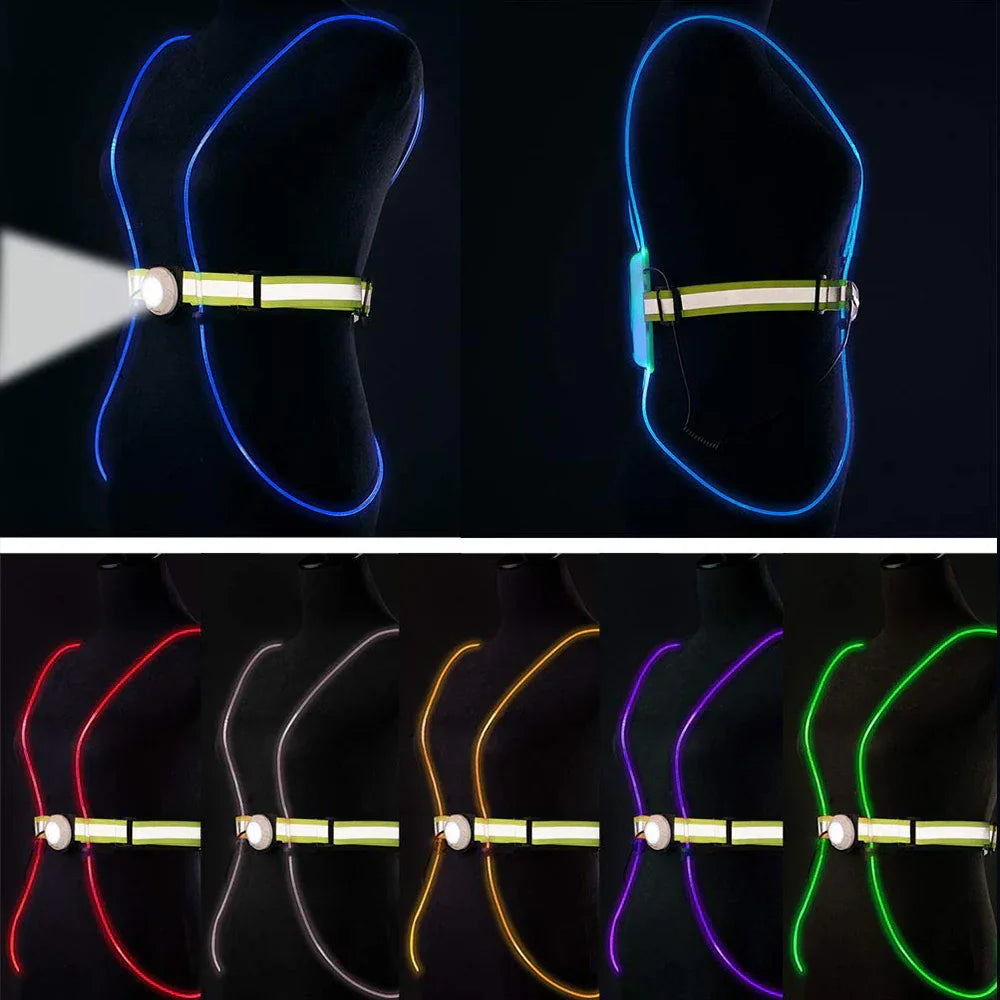 LED safety harness in multiple colors on mannequin, TrekGlow urban micro-mobility gear