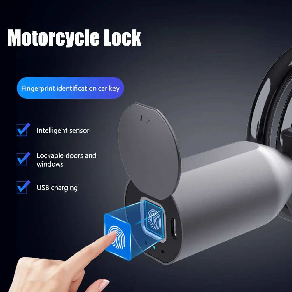 Smart motorcycle lock with fingerprint sensor, USB charging, and intelligent security features