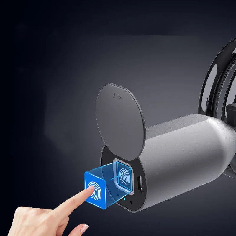 Hand using fingerprint sensor on TrekGlow smart bike lock, showcasing secure micro-mobility gear