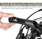 Quick-release anti-theft bike light on handlebars, TrekGlow urban micro-mobility gear.