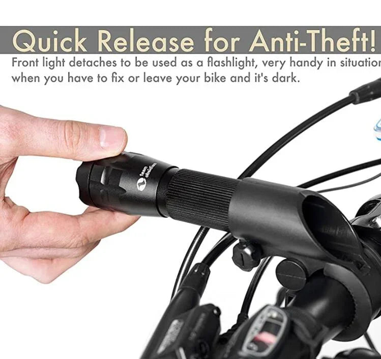 Quick-release anti-theft bike light on handlebars, TrekGlow urban micro-mobility gear.