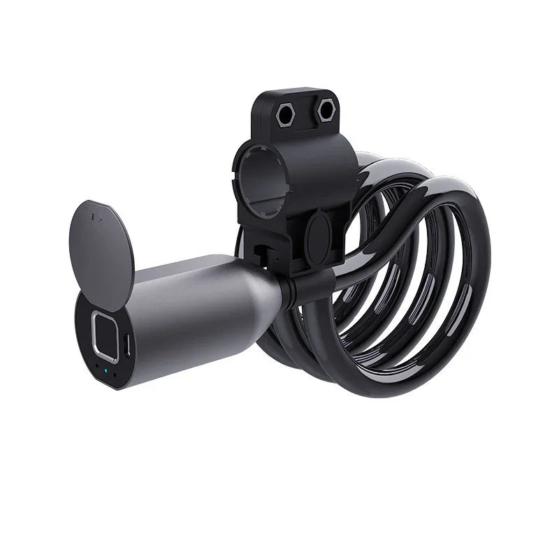 Smart fingerprint bike lock with black coiled cable for urban micro-mobility security