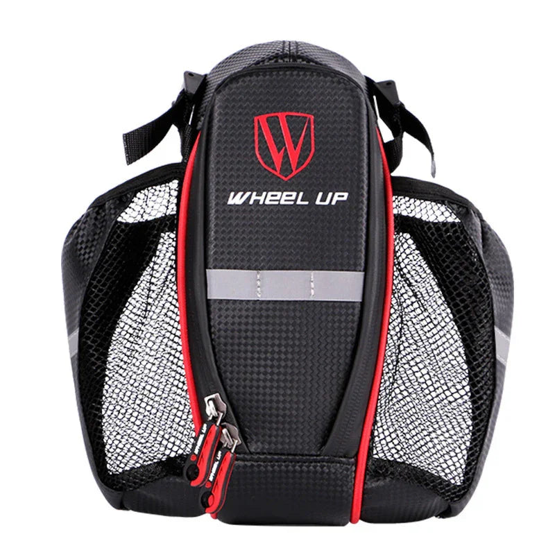 WHEEL UP black bike saddle bag with red trim and mesh side pockets for urban riders