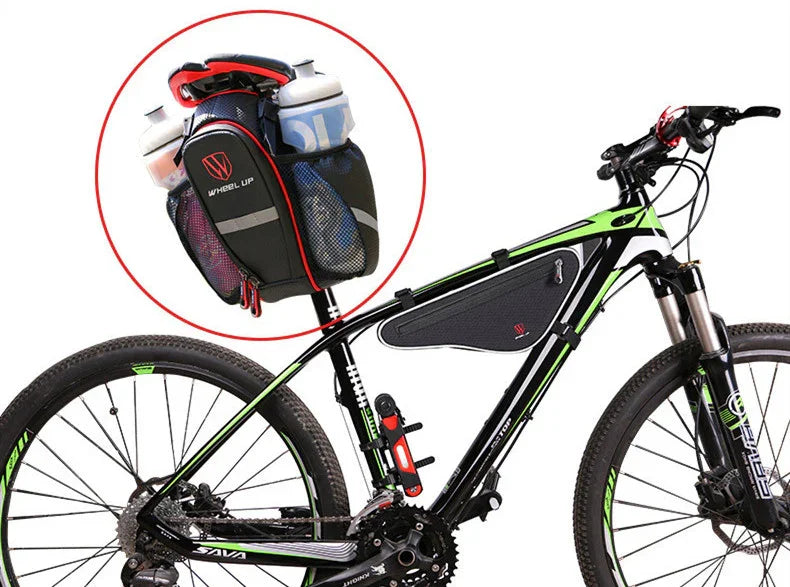 Urban bicycle with TrekGlow gear bag on rear, featuring water bottles and safety features