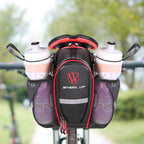 Bike rear saddle bag with mesh side pockets holding water bottles, urban micro-mobility gear
