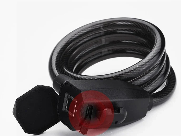 Coiled black bike lock with USB charging port, TrekGlow urban micro-mobility accessory