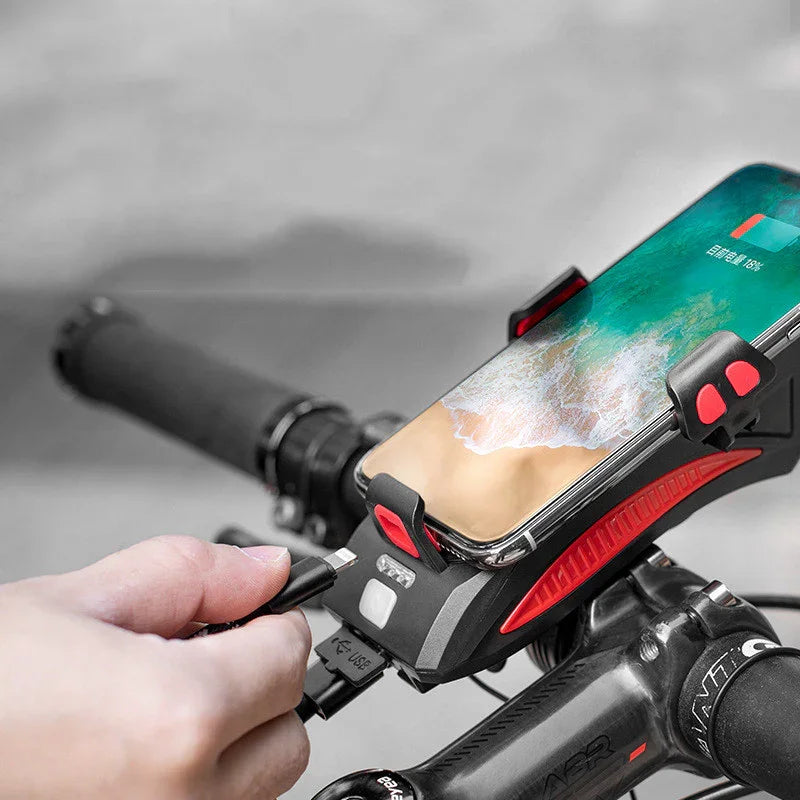Bike handlebar with TrekGlow phone mount, charging a smartphone for urban micro-mobility