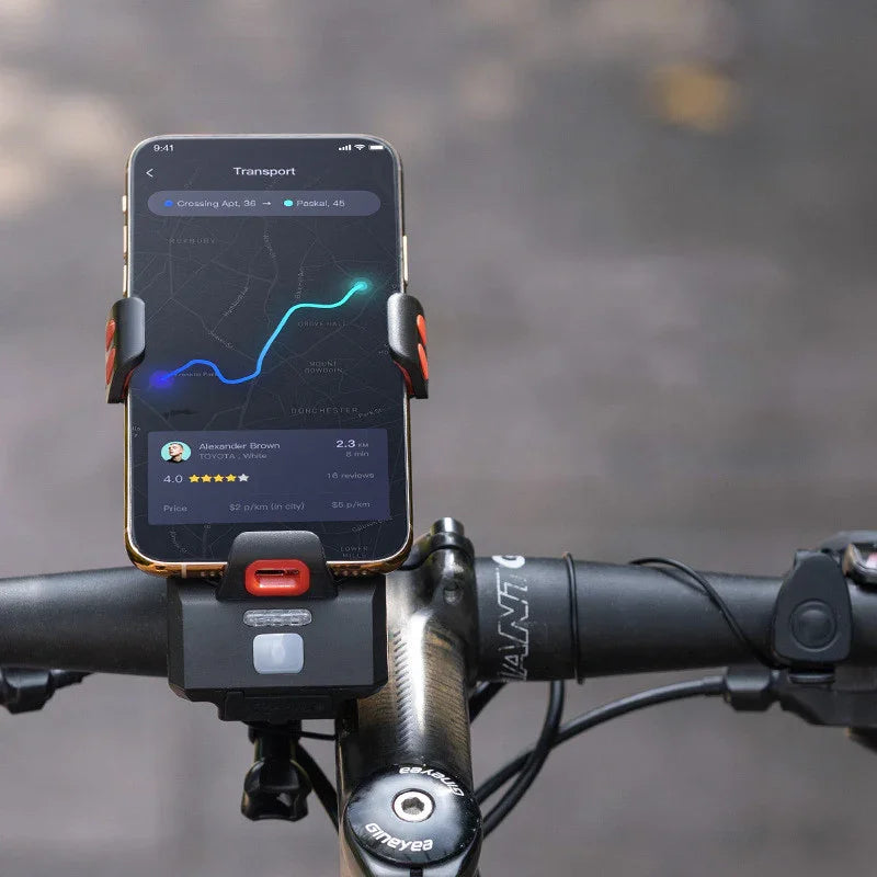 Smartphone mounted on urban bicycle handlebar showing navigation, TrekGlow micro-mobility gear