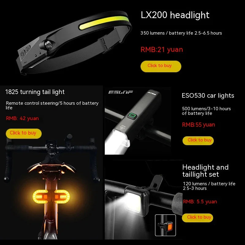 Collage of TrekGlow urban micro-mobility bike headlights and tail lights with battery specs and prices