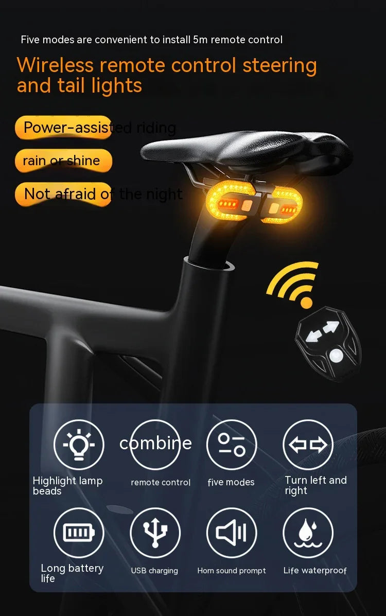 TrekGlow smart wireless remote control bike tail lights installed under bike seat, showing turning signals and remote features for urban rider safety.
