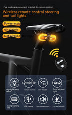 TrekGlow smart wireless remote control bike tail lights installed under bike seat, showing turning signals and remote features for urban rider safety.