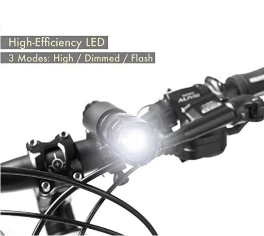 High-efficiency LED bike headlight with three modes on urban bicycle handlebar