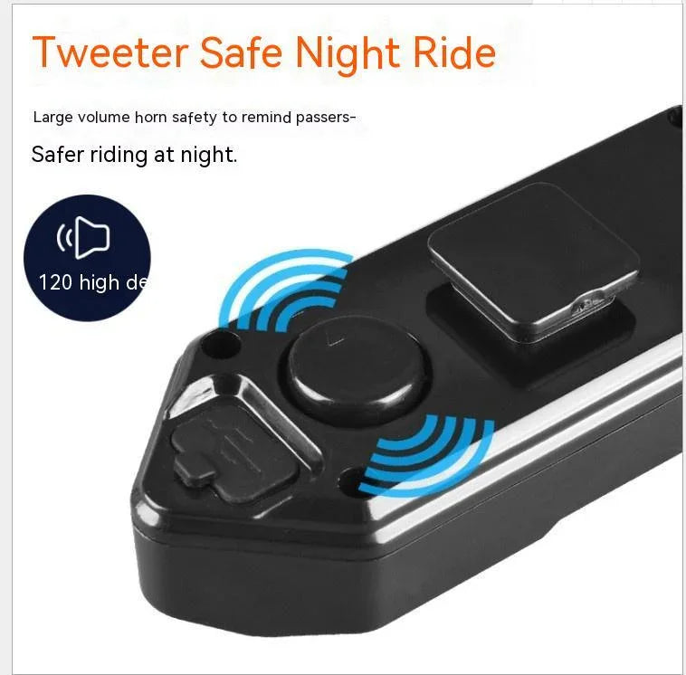 TrekGlow smart bike horn for urban micro-mobility, black device with alert sound icons.