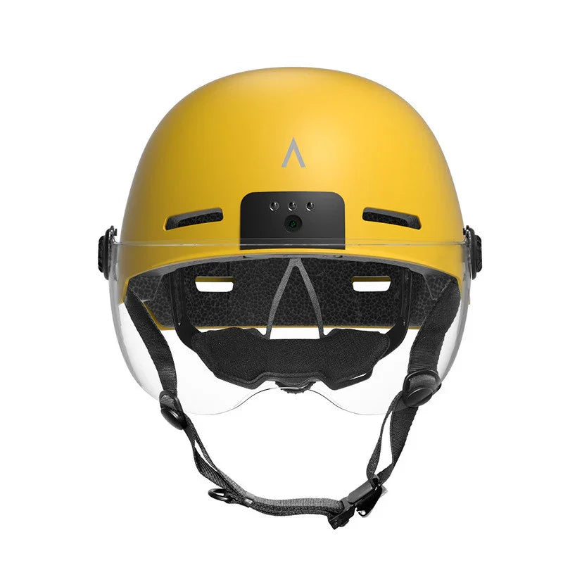 Yellow smart bike helmet with visor and built-in camera, TrekGlow urban micro-mobility gear