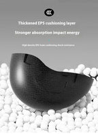 Close-up of black EPS foam helmet liner on white pellets, showcasing TrekGlow impact absorption.