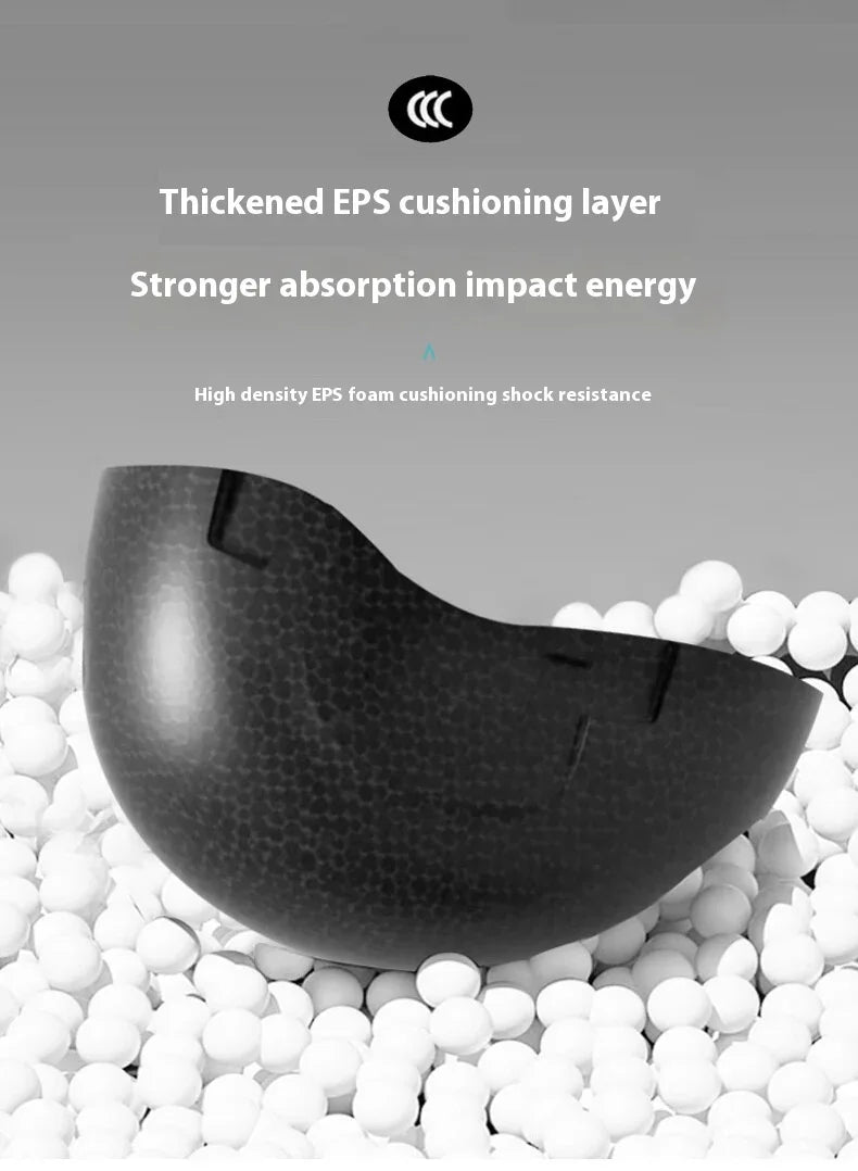 Close-up of black EPS foam helmet liner on white pellets, showcasing TrekGlow impact absorption.