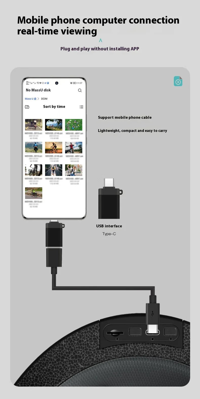 USB Type-C device connected to a smartphone for real-time viewing, TrekGlow urban mobility accessory