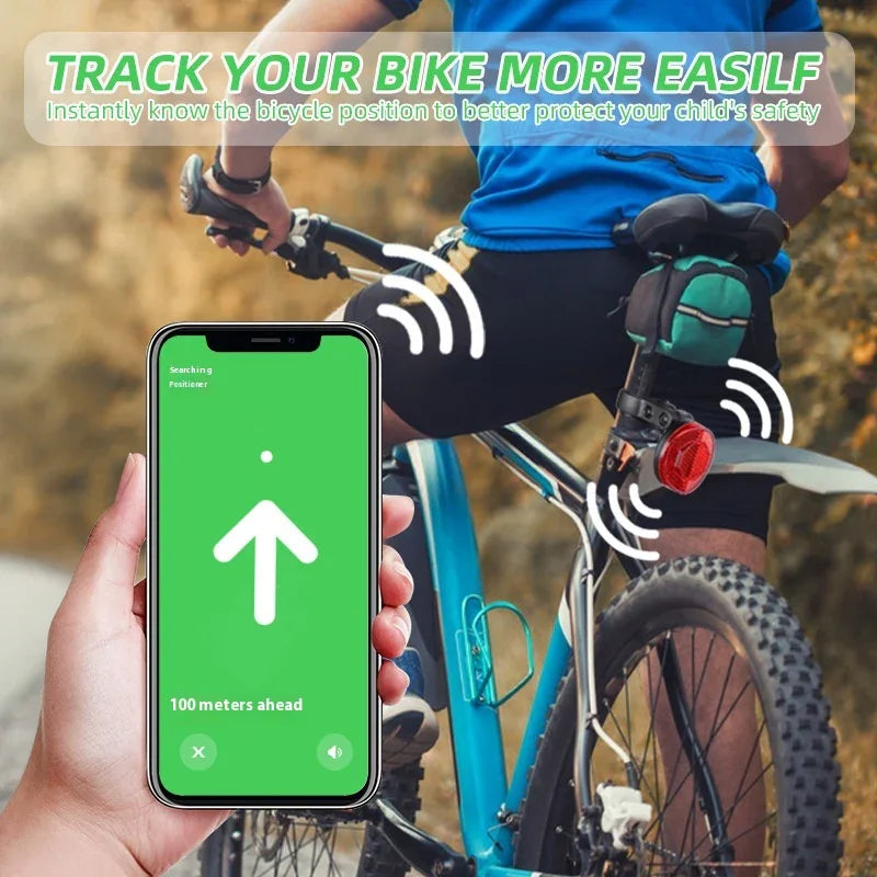 Cyclist using TrekGlow bike tracker with smartphone location app for urban rider safety.