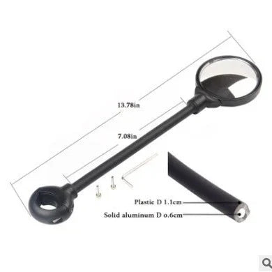 Long handle bike rearview mirror with dimensions, parts, and mounting hardware displayed