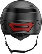 Black smart urban bike helmet with red rear LED light, safety gear by TrekGlow