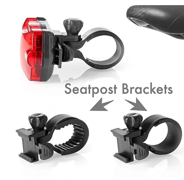 Bicycle seatpost brackets and red rear safety light for urban micro-mobility riders