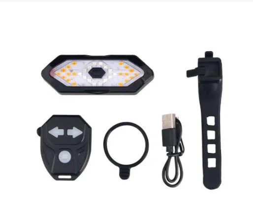 TrekGlow smart bike tail light kit with remote, USB cable, strap, and mounting ring