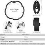 Black folding bike lock with size chart, 850mm length, zinc alloy, urban micro-mobility gear