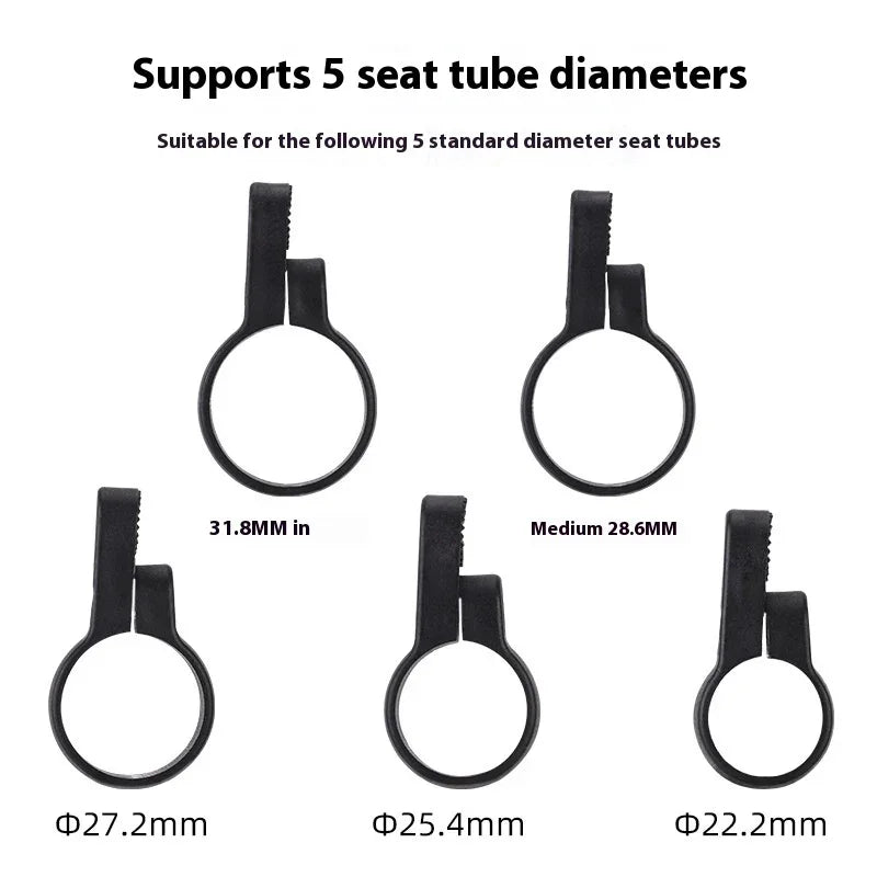 Five black bike seat tube mounts for TrekGlow, fitting 22.2mm to 31.8mm diameters.