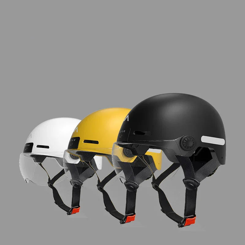 TrekGlow urban rider helmets in black, yellow, and white with visors and safety straps