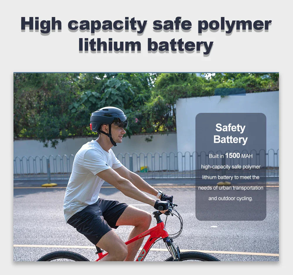 Urban cyclist wearing TrekGlow smart helmet riding red bike for outdoor safety and comfort