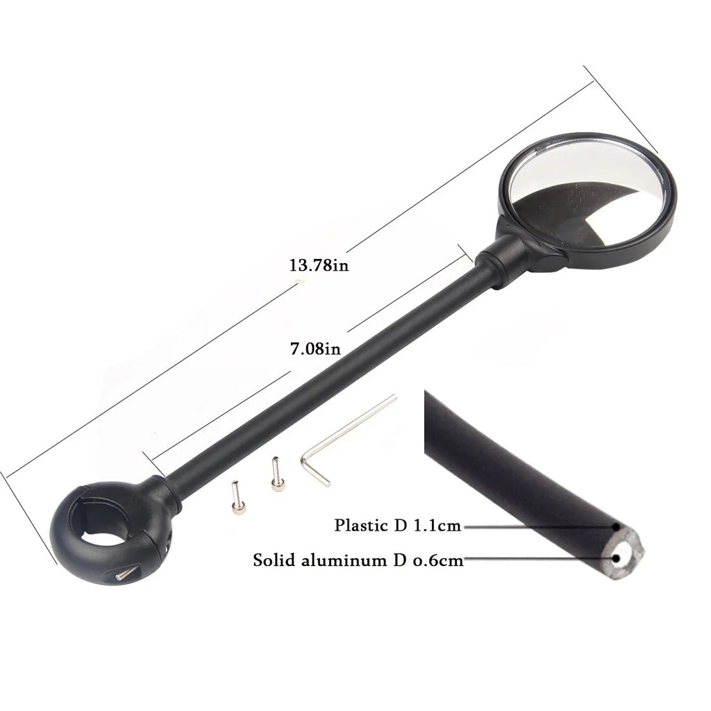 Black bicycle mirror with mounting hardware, aluminum shaft, and size dimensions for urban safety.