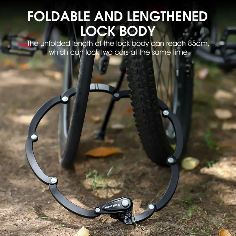 Foldable bike lock securing rear wheel outdoors, TrekGlow urban micro-mobility accessory