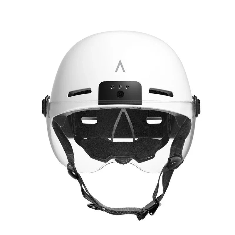 White smart bike helmet with visor and built-in safety light, TrekGlow urban mobility gear