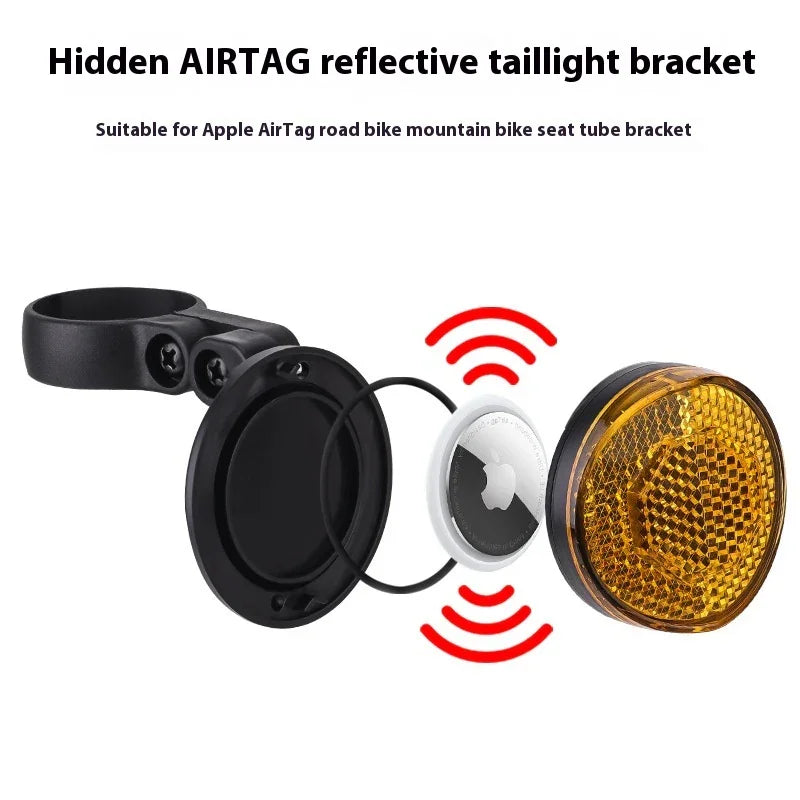 Hidden AirTag reflective taillight bracket for bikes with orange reflector and Apple AirTag compatibility