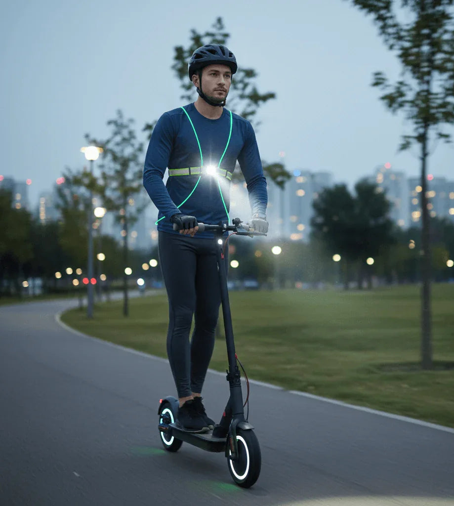 Urban rider wearing TrekGlow reflective gear on electric scooter at dusk in city park
