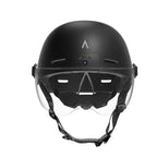 Black smart urban bike helmet with built-in camera and visor, TrekGlow micro-mobility gear