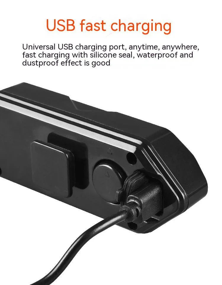 USB fast charging port with silicone seal on TrekGlow urban mobility safety gear, black device closeup