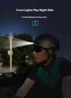 Urban cyclist wearing safety helmet with front headlight, riding at night for visibility