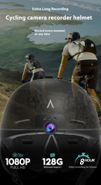 TrekGlow cycling helmet with camera, 1080p HD recording, shown with mountain bikers outdoors