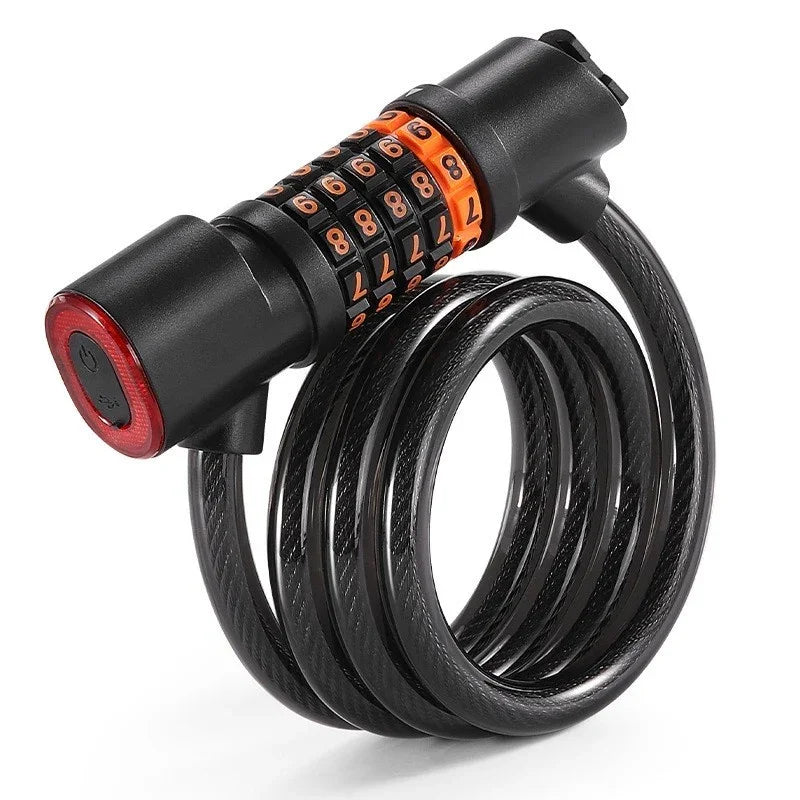Coiled black bike lock with orange combination dials, ideal for urban e-scooter or bike security