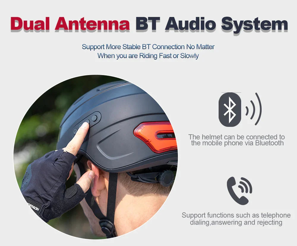 Urban cycling helmet with dual antenna Bluetooth audio system, smart safety gear for riders.