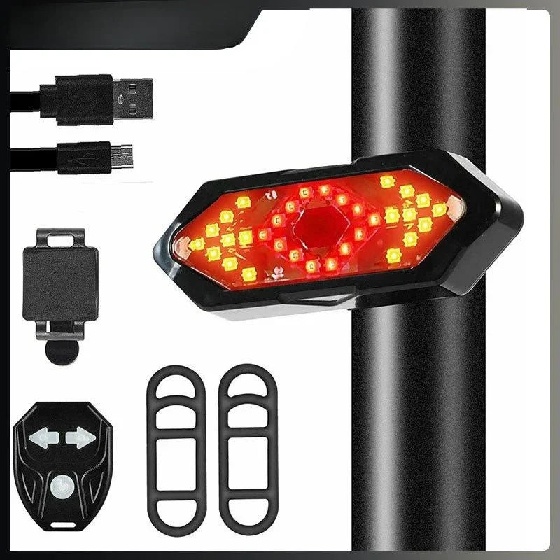 TrekGlow smart LED bike tail light kit with USB cable, remote, and mounting straps for urban riders