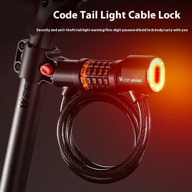 Smart bike cable lock with LED tail light, combination code, and durable black design.