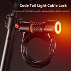 Smart bike cable lock with LED tail light, combination code, and durable black design.